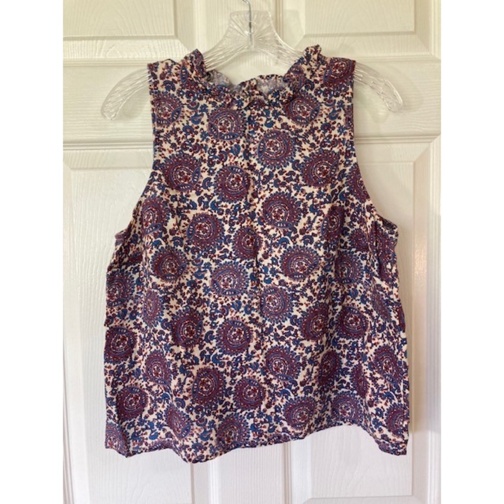 J.Crew Women M Blue Red Paisley Linen Ruffle Neck Top Feminine Boho Classic
